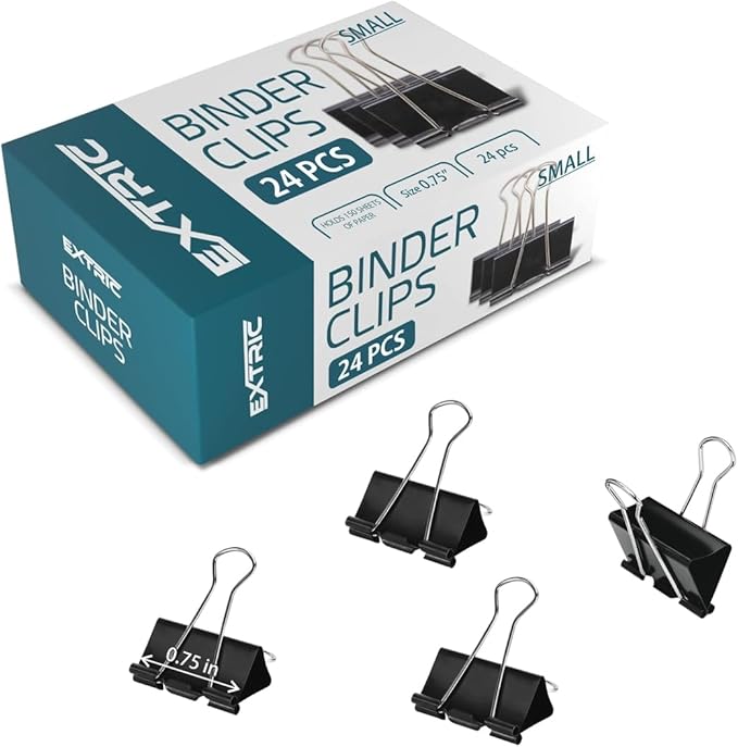 Binder Clips - 24 Small Binder Clips, 0.75 Inch Black Paper Clamps, File Clip by EXTRIC