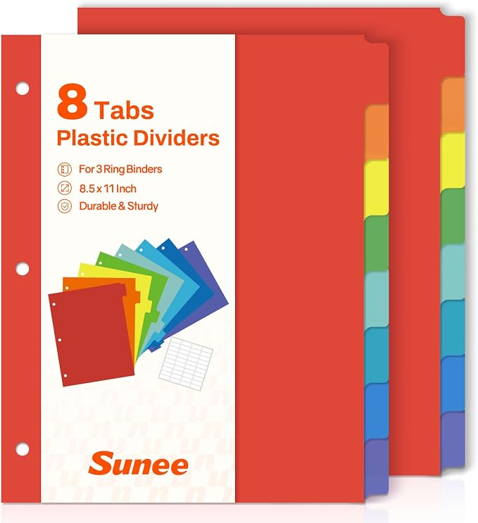 SUNEE 8 Tab Binder Dividers, Plastic Dividers by SUNEE