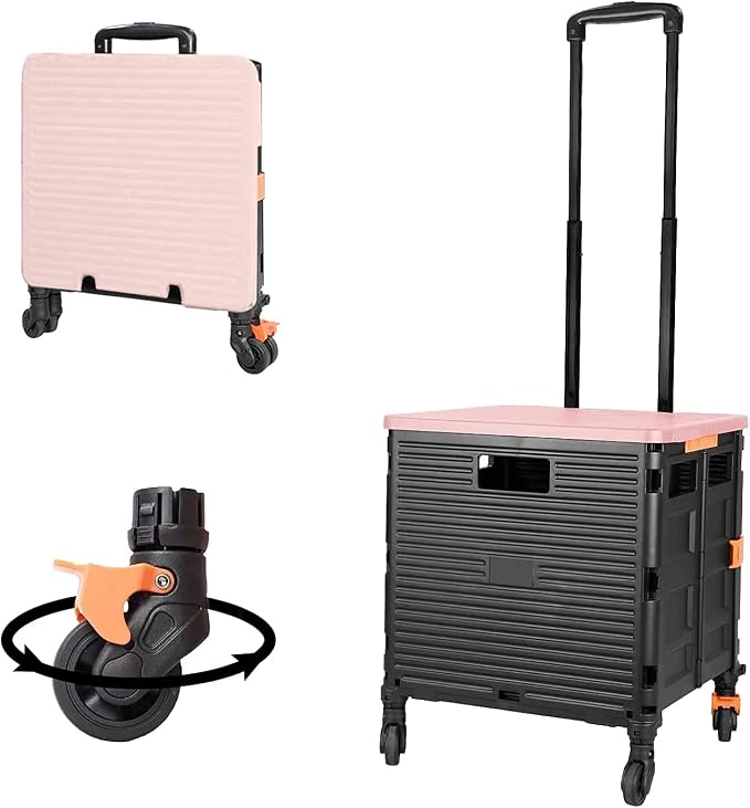 FELICON SELORSS Foldable Utility Cart Folding Portable Rolling Crate-Pink | by FELICON