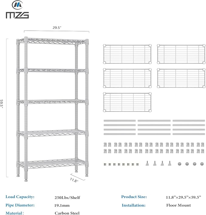 M MZG 1250 lbs 5 Tier Shelf Metal Storage Shelves Wire Rack Closet Organizers - Image 3