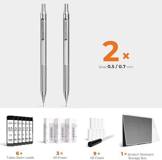 Four Candies 2PCS 0.5mm & 0.7 mm Metal Mechanical Pencils Set, 12 Erasers - Image 6