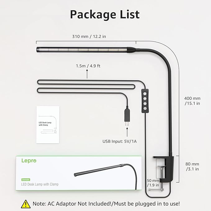 Lepro Clip on Desk Lamp LED Reading light Dimmable USB Small Clamp Lamp - Image 6