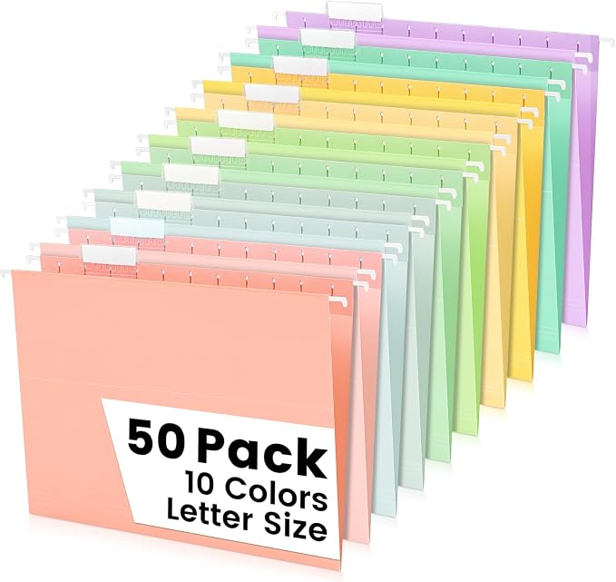 50-Pack Pastel Hanging File Folders, Letter Size by Jowaia