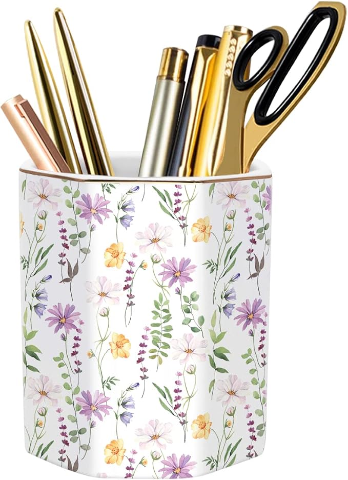 Ceramic Floral Pencil Pen Holder, Cute Stationery Holder by WAVEYU