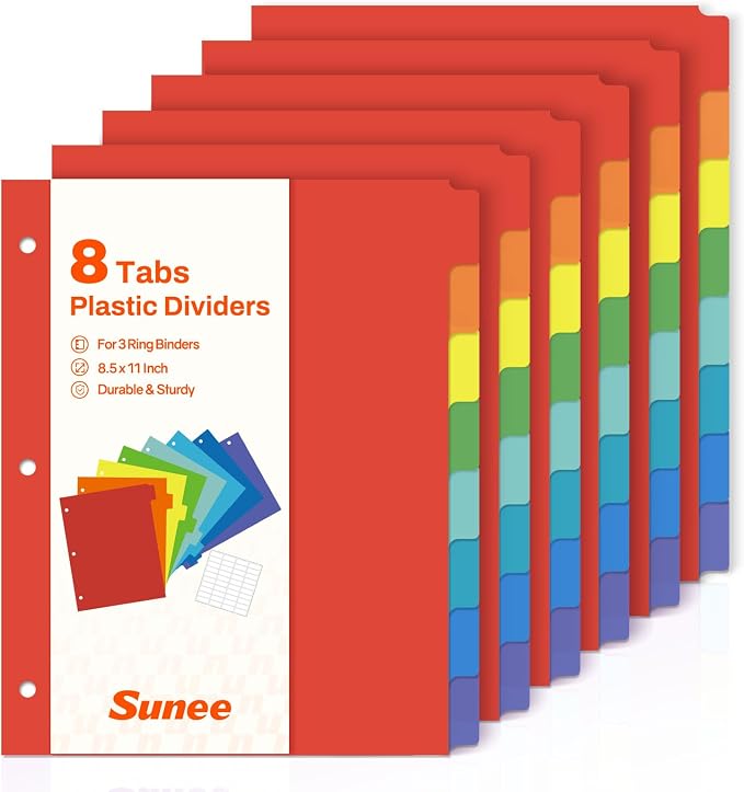SUNEE 8 Tab Binder Dividers, Plastic Dividers by SUNEE