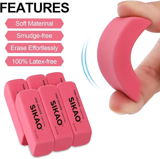 Pink Erasers, 6 Pack Pencil Erasers | Latex-Free & Smudge-Free Beveled Rubber - Image 3