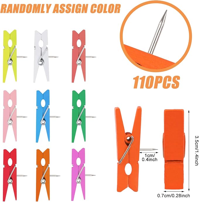 110Pcs Colorful Push Pin with Wooden Clips, Durable Wooden Push Pins, - Image 2