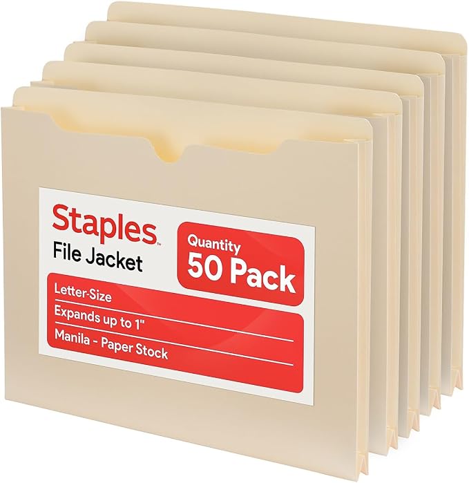 Staples File Jackets, Letter Size, 1‑Inch Expansion, Reinforced Manila Pocket by Staples