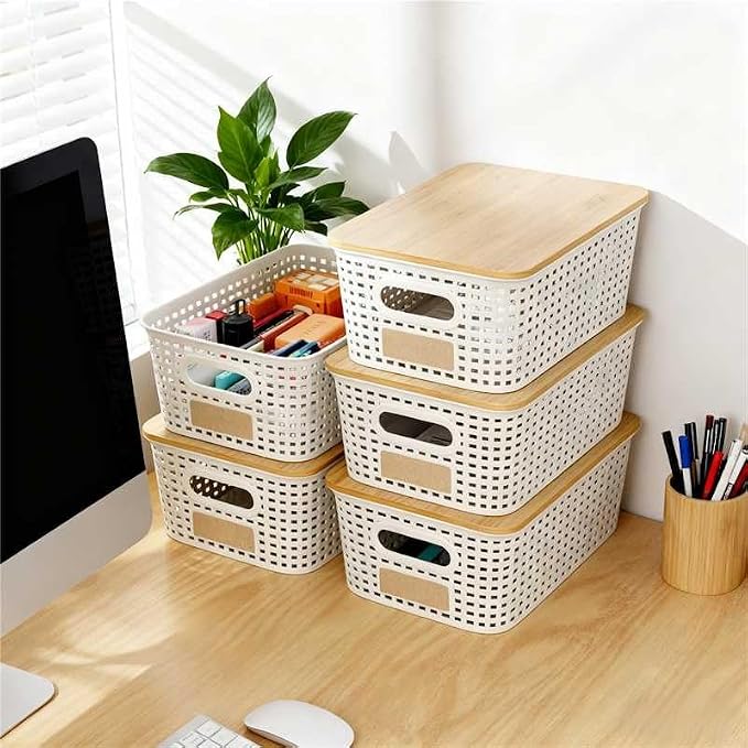 6Pcs Storage Bins with Lids, Stackable Plastic Storage Basket with Bamboo Lid - Image 5