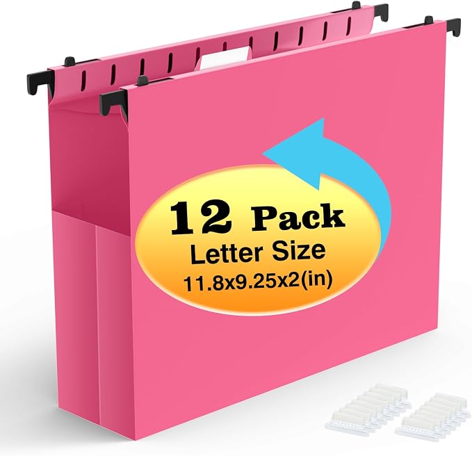 Shutex Extra Capacity Plastic Hanging File Folders, 12 Pack Reinforced by Shutex