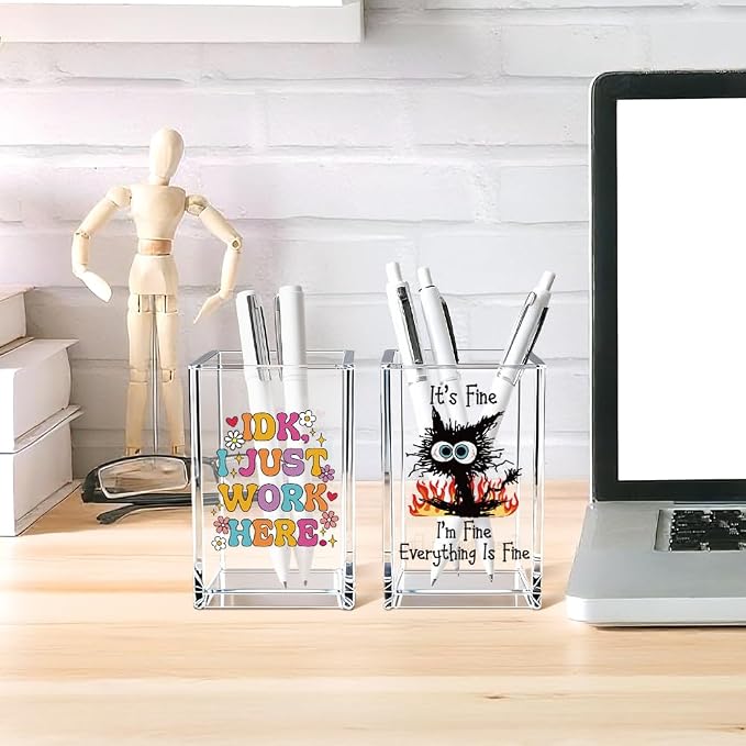 Funny Black Cat Work 2 Pack Acrylic Cosmetic Pencil Pen Holder Cup, Cute Office - Image 4
