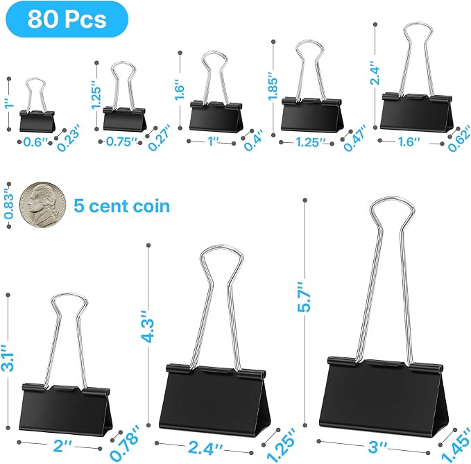 OWLKELA 80 Pcs Black Binder Clips, Paper Clamps, Paper Binder Clip, Metal Black - Image 2