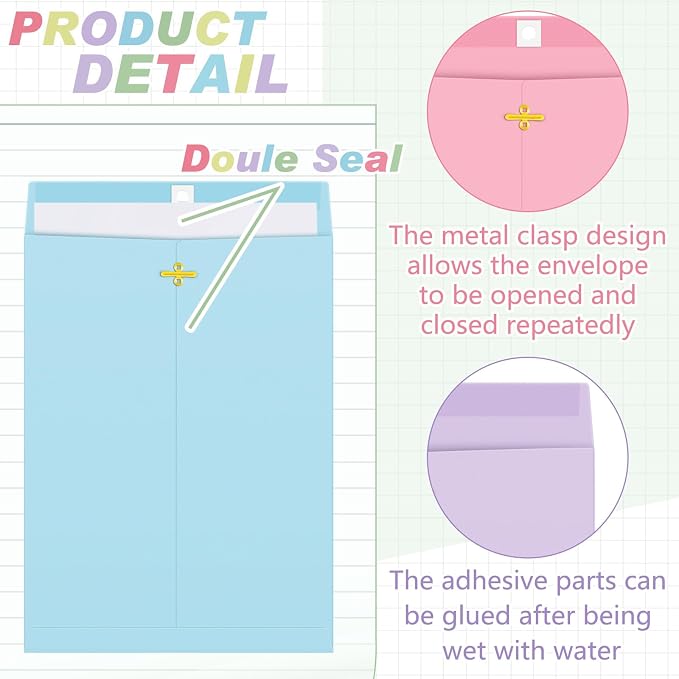 Geyee 100 Pcs Clasp Manilla Envelopes 9 x 12 Inch Gummed Colored Envelopes - Image 3