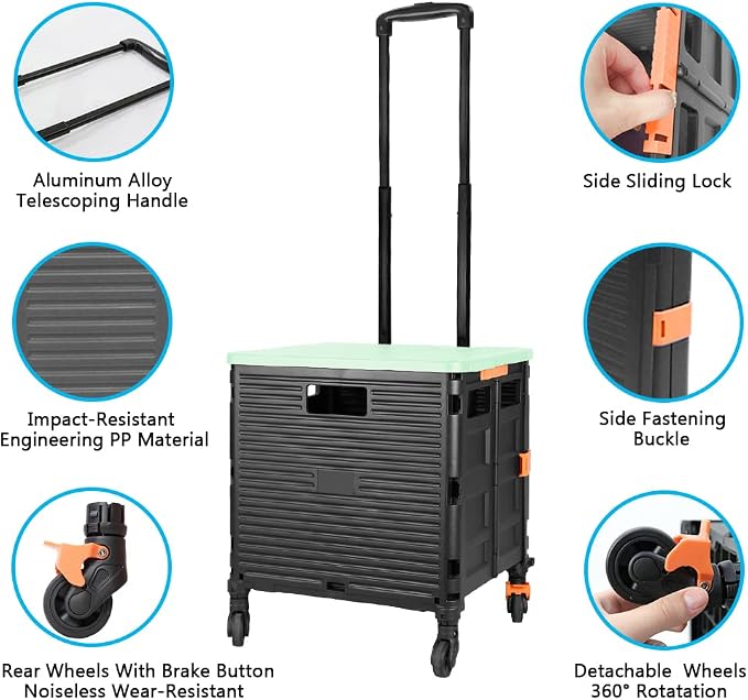FELICON SELORSS Foldable Utility Cart Folding Portable Rolling Crate-Green | - Image 2