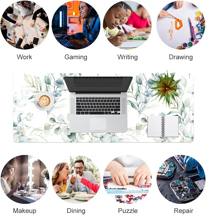 QiyI Large Mouse Pad, Cute Green Leaves Desk Mat - Image 7