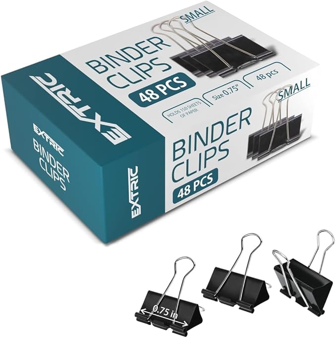 Binder Clips - 48 Small Binder Clips, 0.75 Inch Black Paper Clamps, File Clip by EXTRIC