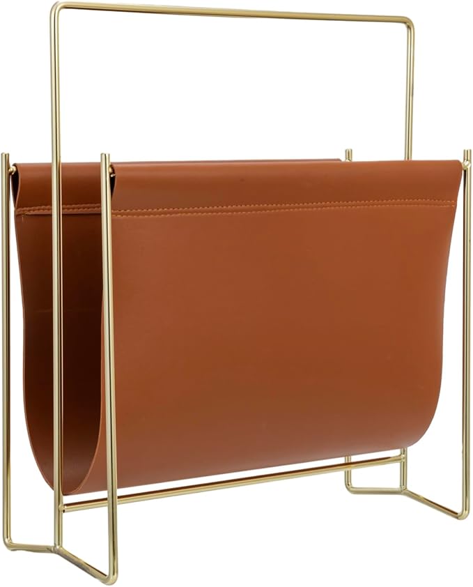 MyGift 13 inch Modern Caramel Leatherette Magazine Holder Floor Standing Sling - Image 4