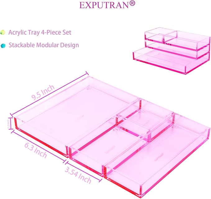 4-Piece Stackable Pink Acrylic Desk Organizer - Image 2