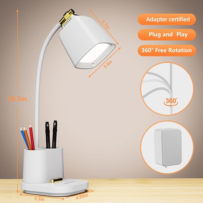 LED Desk Lamp with USB Charging Port Touch Control 3 Color Modes, Stepless - Image 5