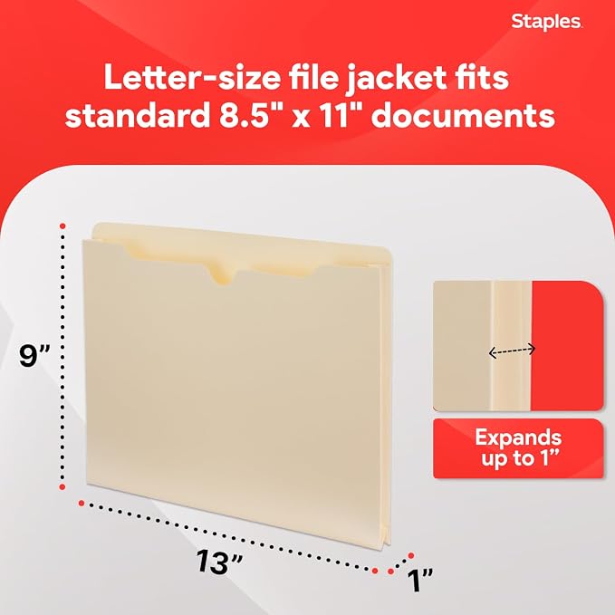 Staples File Jackets, Letter Size, 1‑Inch Expansion, Reinforced Manila Pocket - Image 3