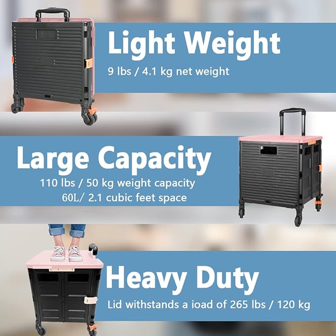FELICON SELORSS Foldable Utility Cart Folding Portable Rolling Crate-Pink | - Image 3