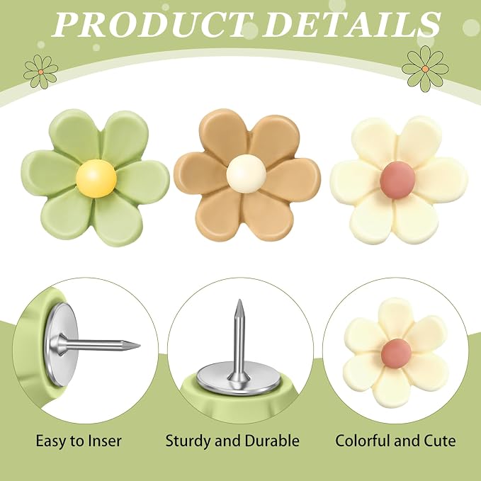 Sawysine 60 Pcs Cute Push Pins Decorative Push Pins Thumb Tacks Colorful Flower - Image 3