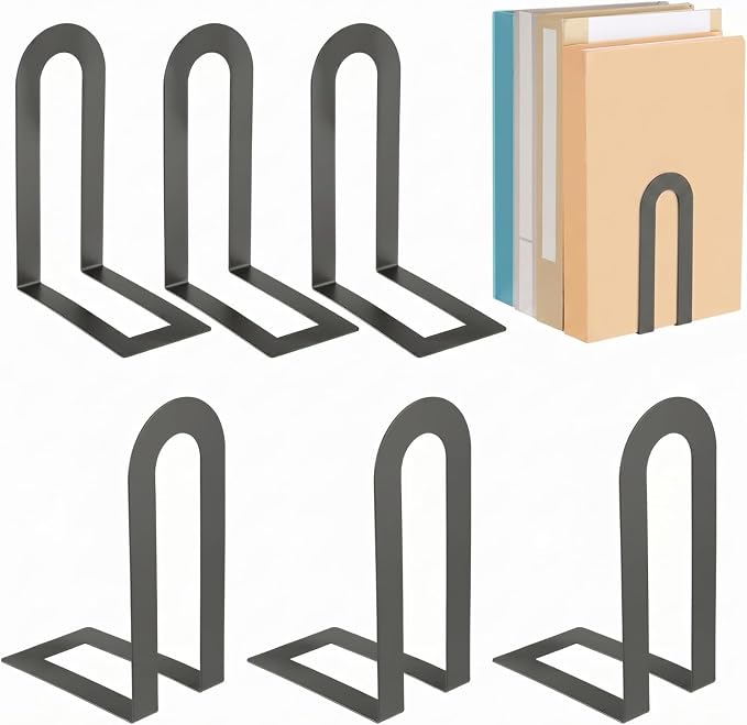 Chunful 6 Pcs Gray Book Ends for Shelves Modern Metal Small Bookends Book Shelf by Chunful
