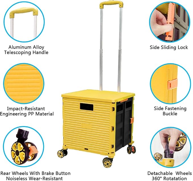 FELICON SELORSS Foldable Utility Cart Folding Portable Rolling Crate-Yellow | - Image 2
