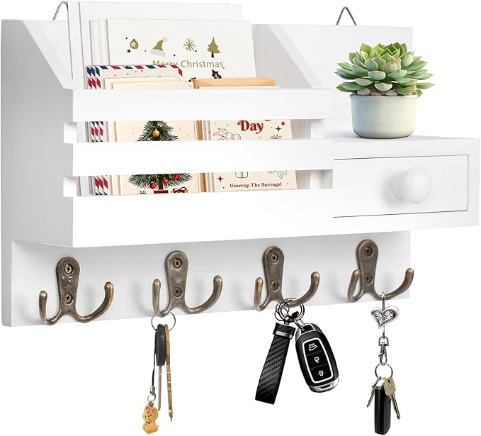 Key Holder Wall Mount, Wooden Adhesive Mail and Key Organizer by HOMEBROS
