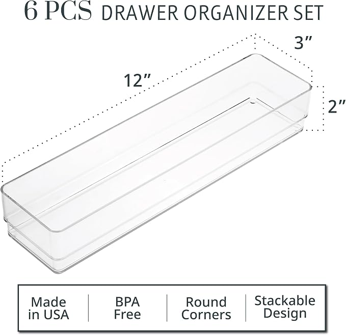 STORi SimpleSort 6-Piece Stackable Clear Drawer Organizer Set | 12" x 3" x 2" - Image 2