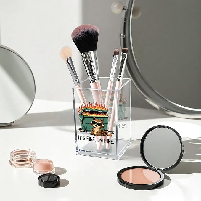 It's Fine I'm Fine Acrylic Cosmetic Pencil Pen Holder Cup, Funny Raccoon - Image 3