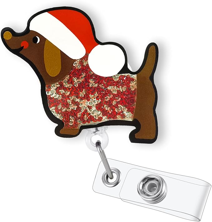 Christmas Dachshund Shaker Badge Reel Retractable, Cute Wiener Dog Badge Reel by Bydevia