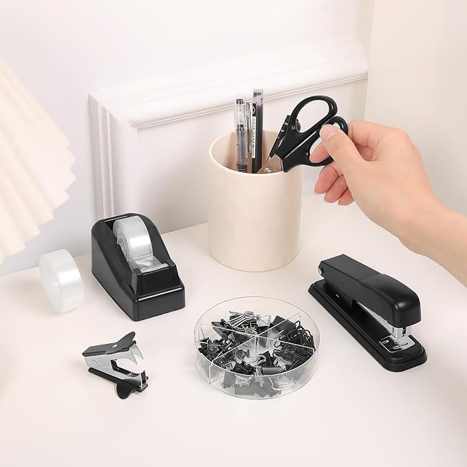SKYDUE Black Office Supplies Set, Tape Dispenser, Binder/Paper Clips and - Image 4