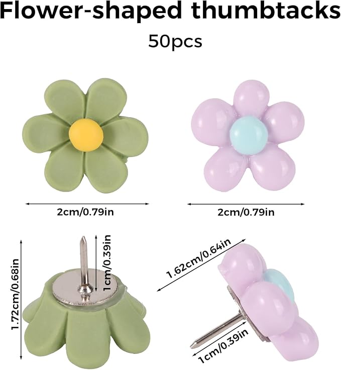 50pcs Flower Push Pins, Resin Decorative Thumb Tacks | Cute Floral Push Pins - Image 2