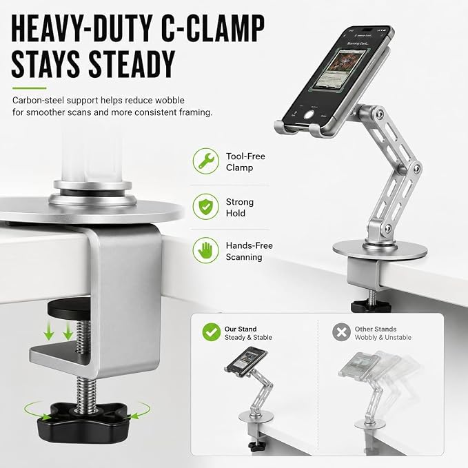 HUASAI Carbon Steel TCG Card Scanner Stand, Heavy-Duty C-Clamp Phone Holder - Image 3
