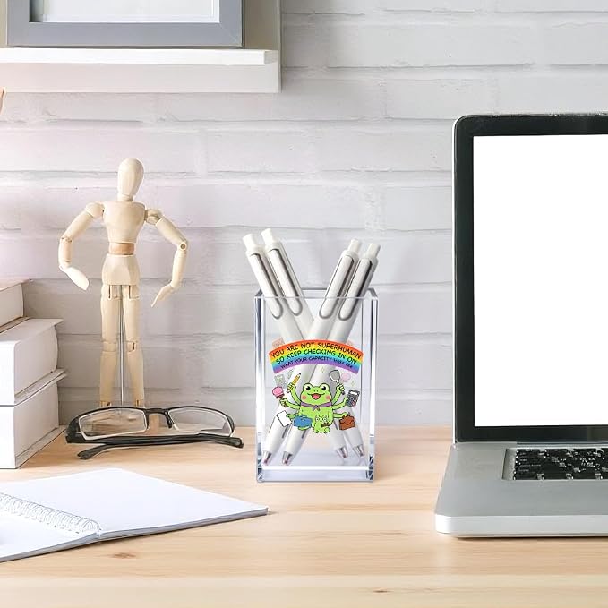 You Are Not Superhuman Acrylic Cosmetic Pencil Pen Holder Cup, Boho Cute Frog - Image 4
