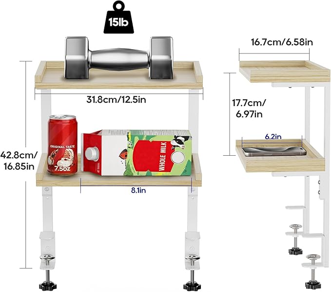 Clamp On Desk Shelf 2-Tier, 12.5 inch Wood Shelving Unit - Image 3