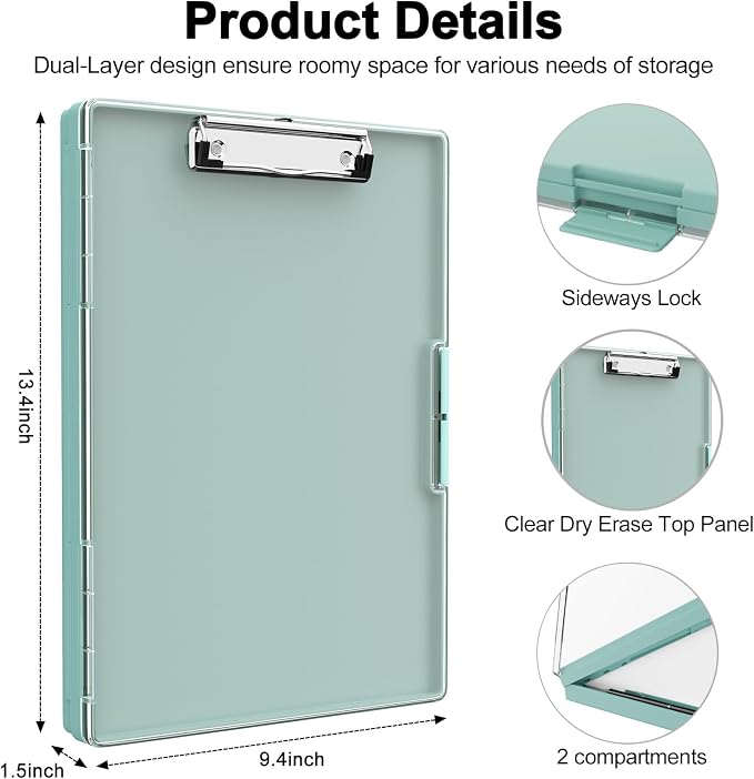 Piasoenc Clipboard with Storage, 8.5 x 11 Clip Boards with 2 Storage, Teal | - Image 2
