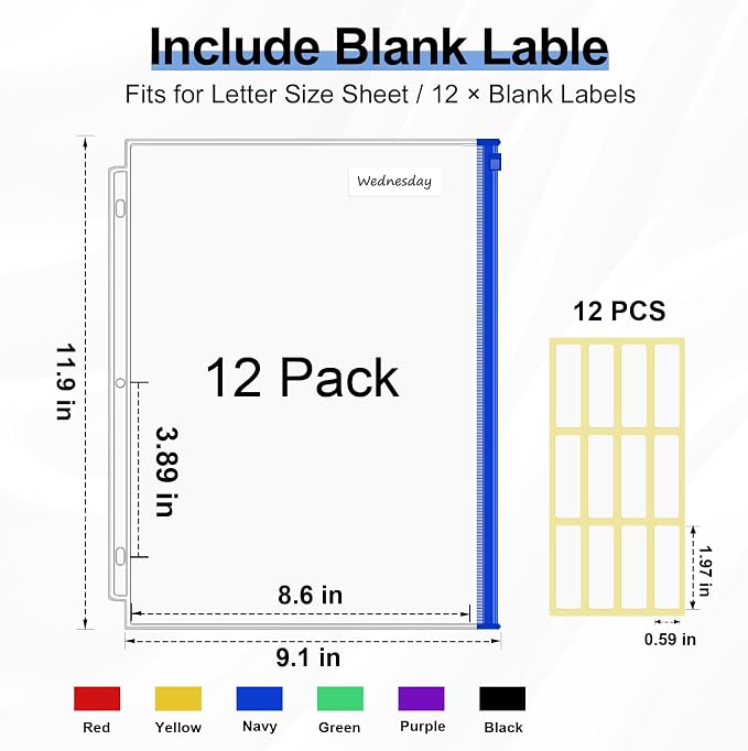KTRIO 12 Pack Binder Pockets, 8.5 x 11 Colored Zipper Pouches - Image 2