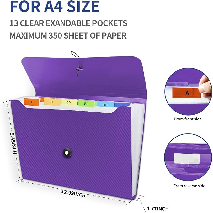 Expanding File Folder, 13 Pockets Accordian File Holder Organizer, A4 Letter - Image 3