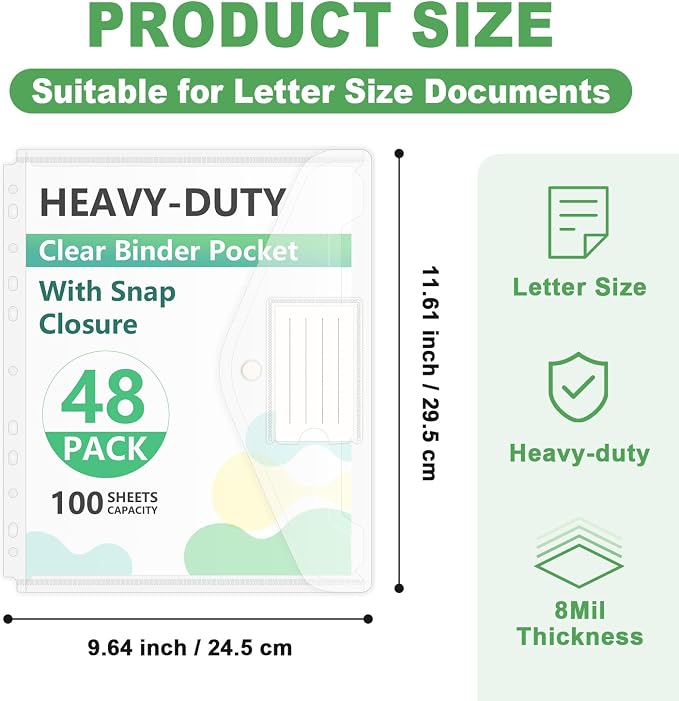 HOUYEE 48 Pack Clear Binder Pocket, 11 Holes Heavy-Duty Plastic Binder Pouch - Image 2