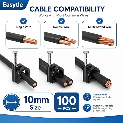 Easytle Plastic Cable Clamps Nail in Cable Clips 100 Pcs 10mm Cable Wire Clips - Image 9