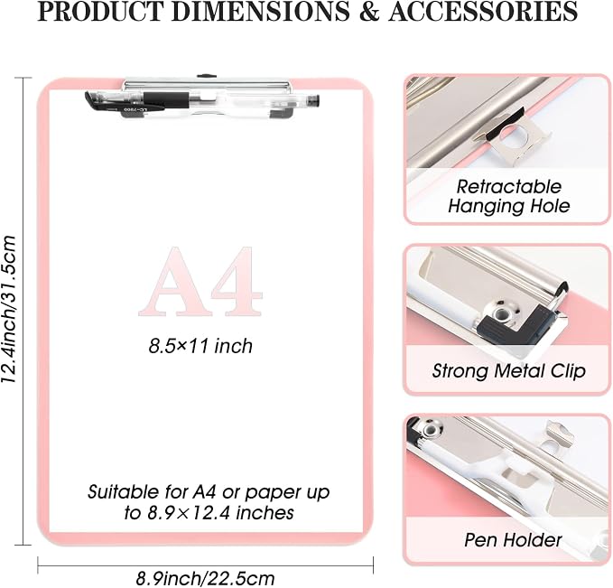 2 Pack Pink A4 Clipboard with Pen Holder, Standard Letter Size, Heavy Duty Clip - Image 3