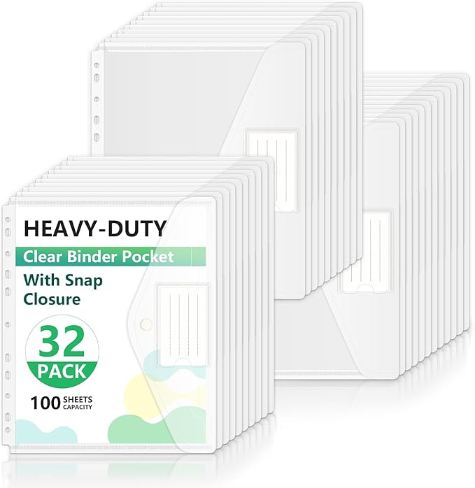 HOUYEE 32 Pack Clear Binder Pocket, 11 Holes Heavy-Duty Plastic Binder Pouch by HOUYEE