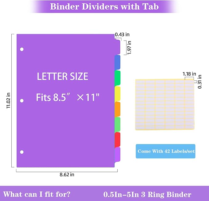 Binder Dividers for 3 Ring Binder, 8 Tab Plastic File Dividers - Image 2