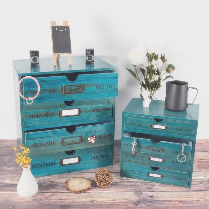 Wooden Storage Box with 4 Drawers Vintage Office Supplies and Accessories - Image 6