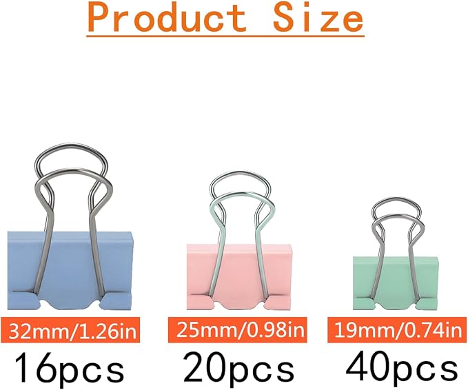 76 Pcs Colored Binder Clips Paper Clamps Assorted Sizes Small Medium Large - Image 2
