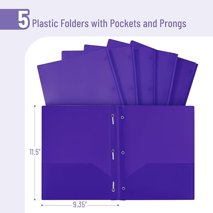 Mr. Pen- Plastic Folders with Pockets and Prongs, 5 Pack, Letter Size | Pocket - Image 2