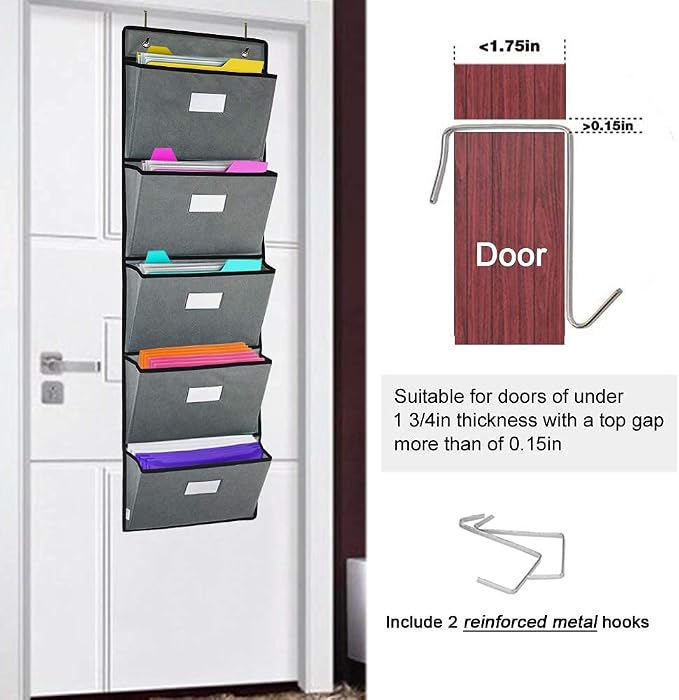 Over the Door Hanging File Organizer 5 Extra Large Pockets Wall Hanging File - Image 4