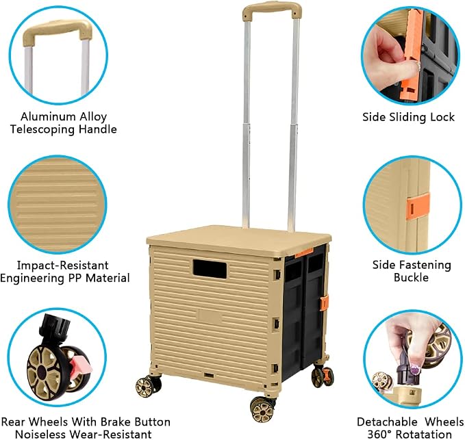 FELICON SELORSS Foldable Utility Cart Folding Portable Rolling Crate-Khaki | - Image 2